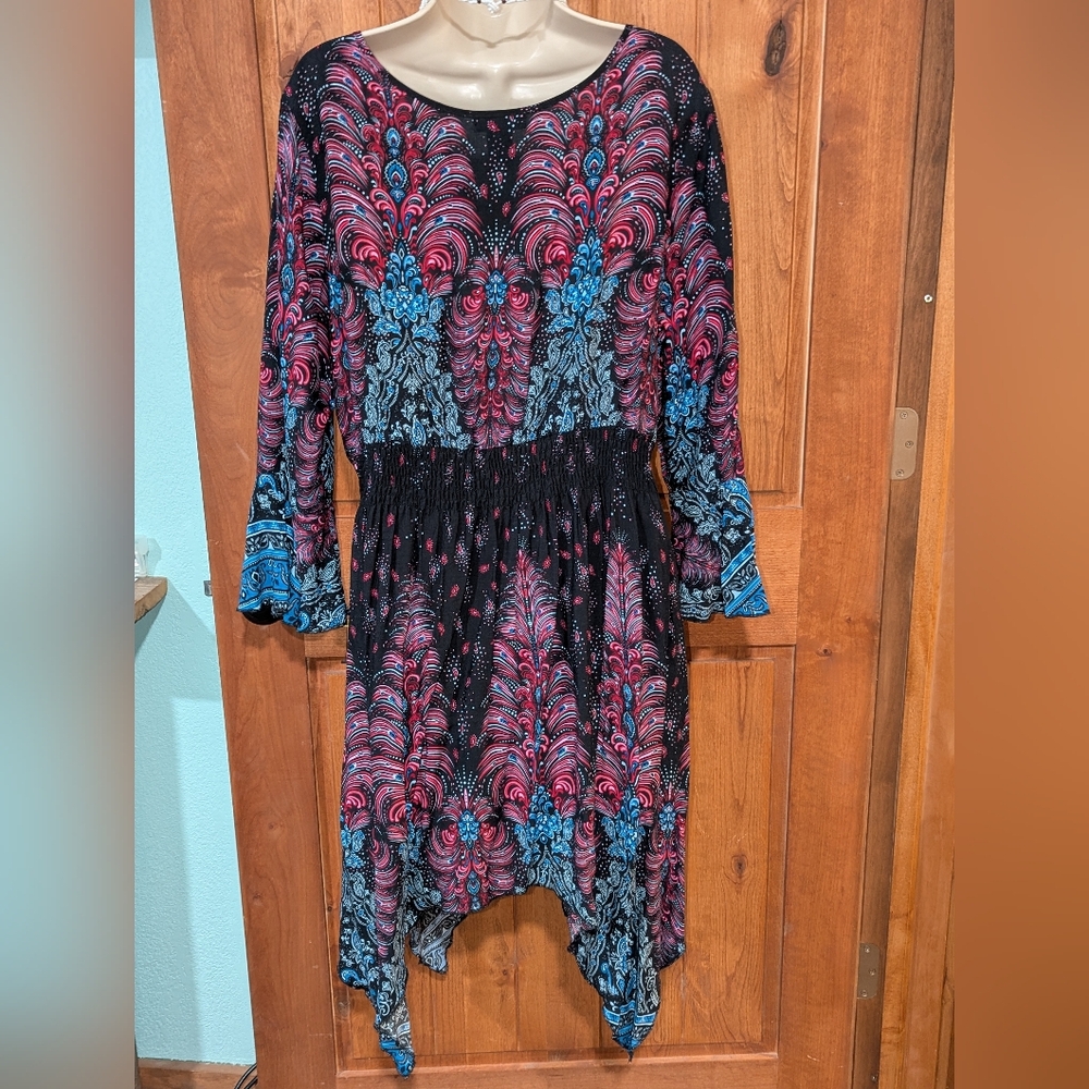 Blue and Pink Asymmetrical Bell Sleeve‎ Dress